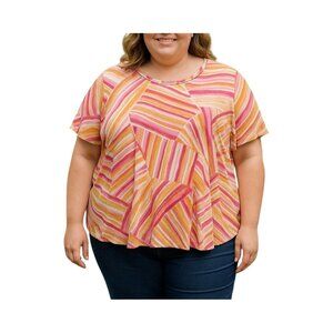 Alfred Dunner 3X Patch Striped Top Multicolor Gold Accent Neckline Short Sleeves